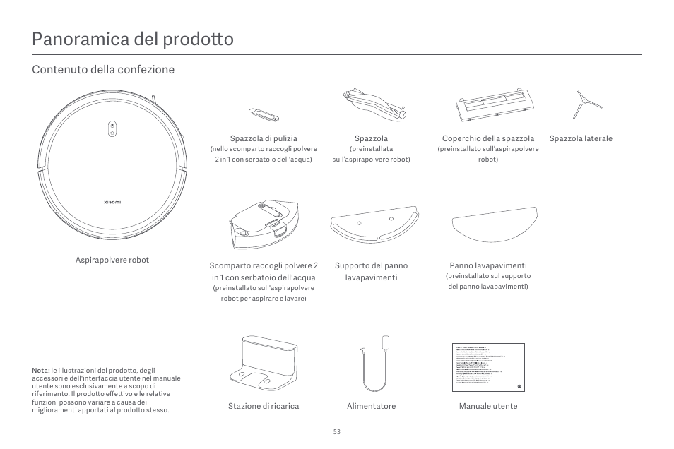 Panoramica del prodotto, Contenuto della confezione | Xiaomi Robot Vacuum E10 User Manual | Page 54 / 438