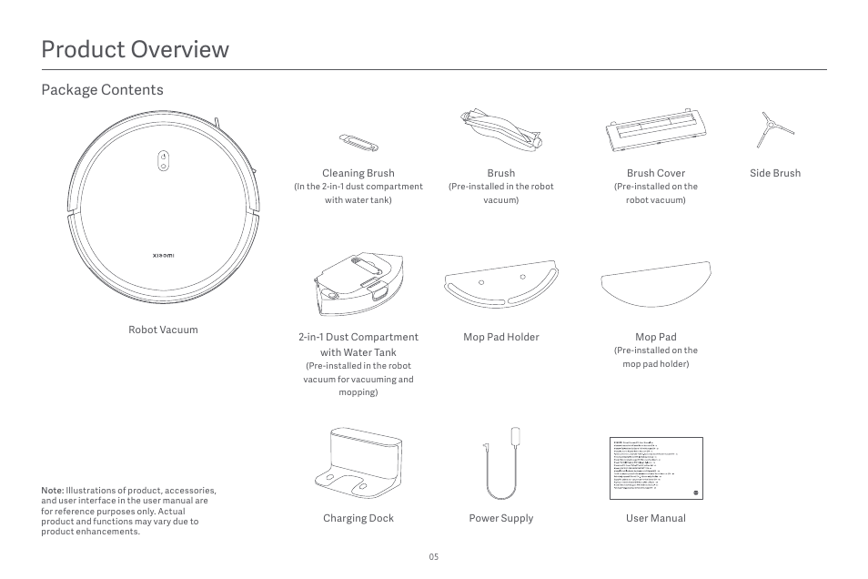 Product overview, Package contents | Xiaomi Robot Vacuum E10 User Manual | Page 6 / 438