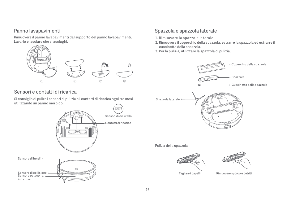 Panno lavapavimenti, Spazzola e spazzola laterale, Sensori e contatti di ricarica | Xiaomi Robot Vacuum E10 User Manual | Page 60 / 438