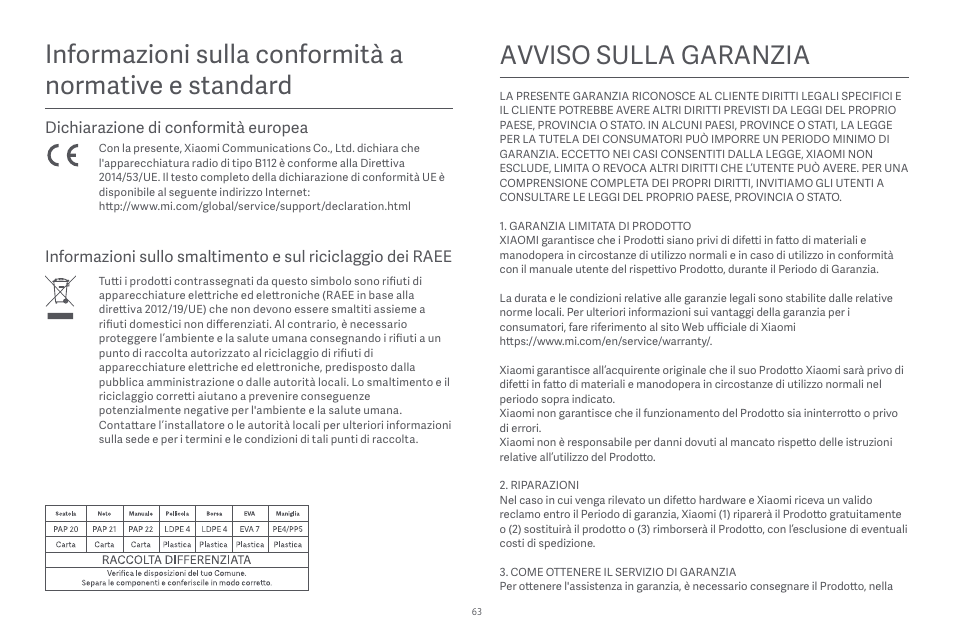 Avviso sulla garanzia | Xiaomi Robot Vacuum E10 User Manual | Page 64 / 438