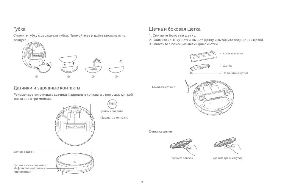 Губка, Щетка и боковая щетка, Датчики и зарядные контакты | Xiaomi Robot Vacuum E10 User Manual | Page 76 / 438