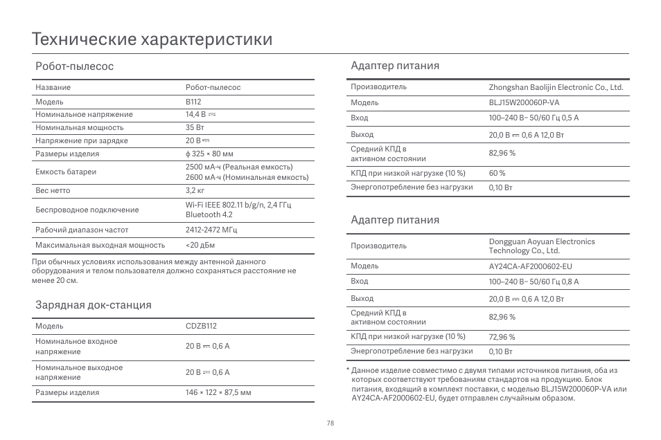 Технические характеристики, Робот-пылесос, Зарядная док-станция | Адаптер питания | Xiaomi Robot Vacuum E10 User Manual | Page 79 / 438
