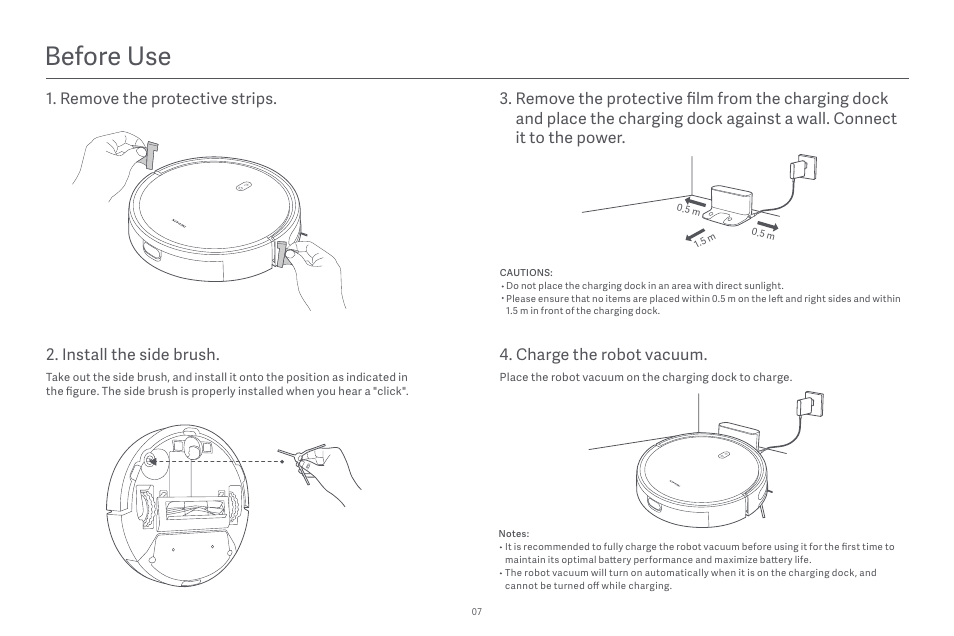 Before use, Install the side brush | Xiaomi Robot Vacuum E10 User Manual | Page 8 / 438