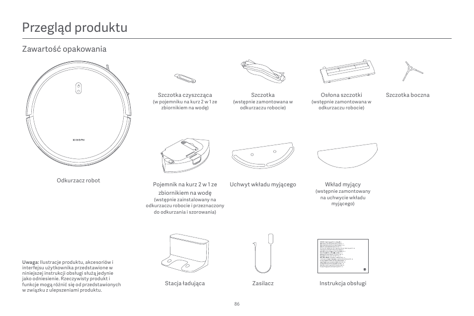 Przegląd produktu, Zawartość opakowania | Xiaomi Robot Vacuum E10 User Manual | Page 87 / 438