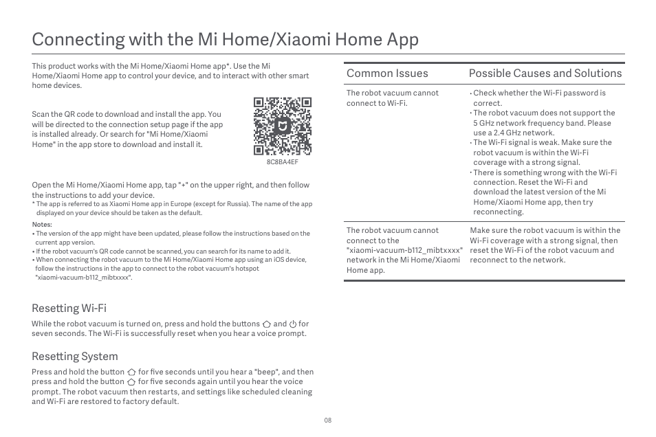 Connecting with the mi home/xiaomi home app, Common issues possible causes and solutions, Resetting system | Resetting wi-fi | Xiaomi Robot Vacuum E10 User Manual | Page 9 / 438
