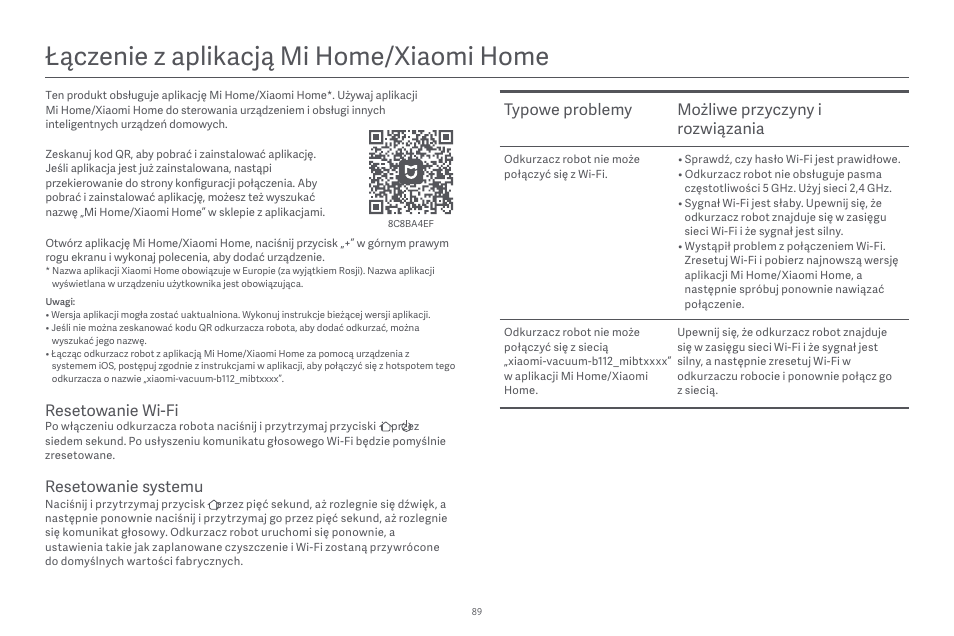 Łączenie z aplikacją mi home/xiaomi home, Typowe problemy możliwe przyczyny i rozwiązania, Resetowanie wi-fi | Resetowanie systemu | Xiaomi Robot Vacuum E10 User Manual | Page 90 / 438