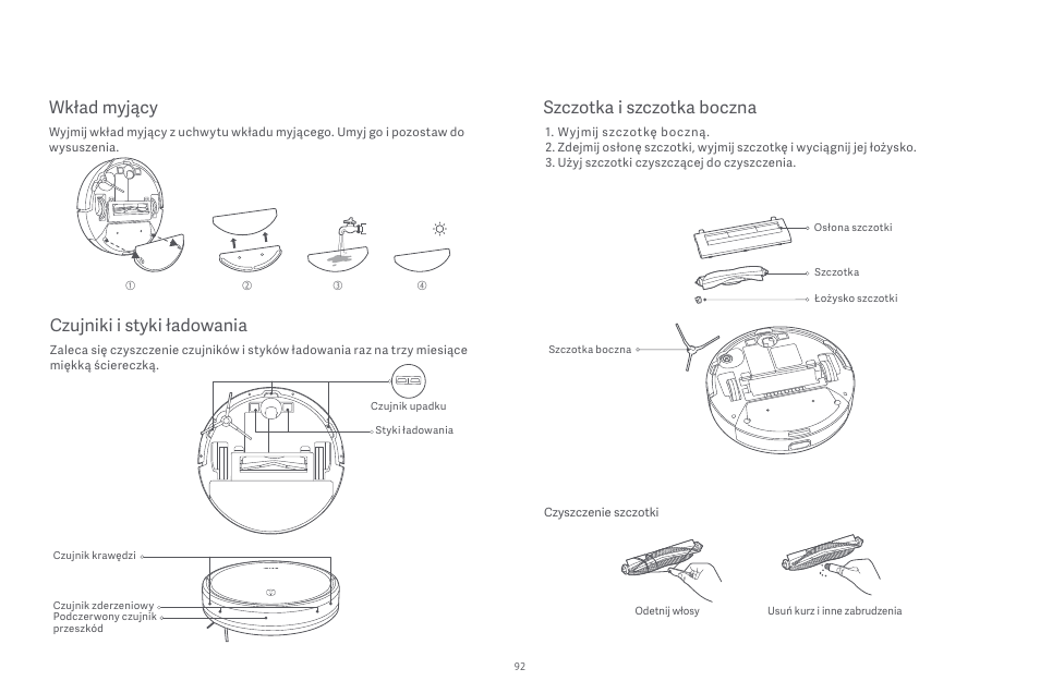 Wkład myjący, Szczotka i szczotka boczna, Czujniki i styki ładowania | Xiaomi Robot Vacuum E10 User Manual | Page 93 / 438