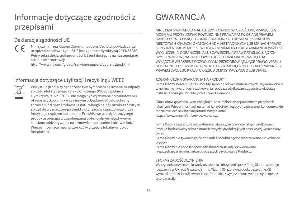 Gwarancja, Informacje dotyczące zgodności z przepisami | Xiaomi Robot Vacuum E10 User Manual | Page 97 / 438