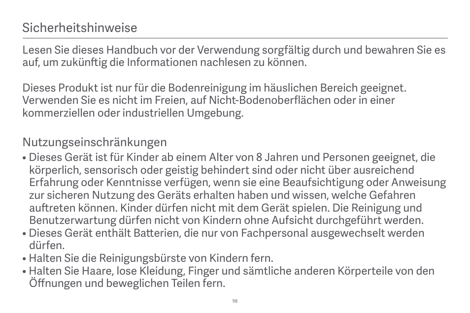 Sicherheitshinweise | Xiaomi Robot Vacuum E10 User Manual | Page 99 / 438