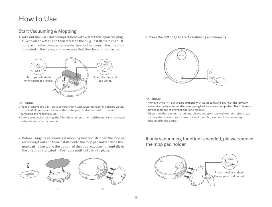 How to use, Start vacuuming & mopping | Xiaomi Robot Vacuum S10 User Manual | Page 10 / 444