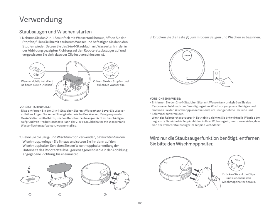 Verwendung, Staubsaugen und wischen starten | Xiaomi Robot Vacuum S10 User Manual | Page 107 / 444