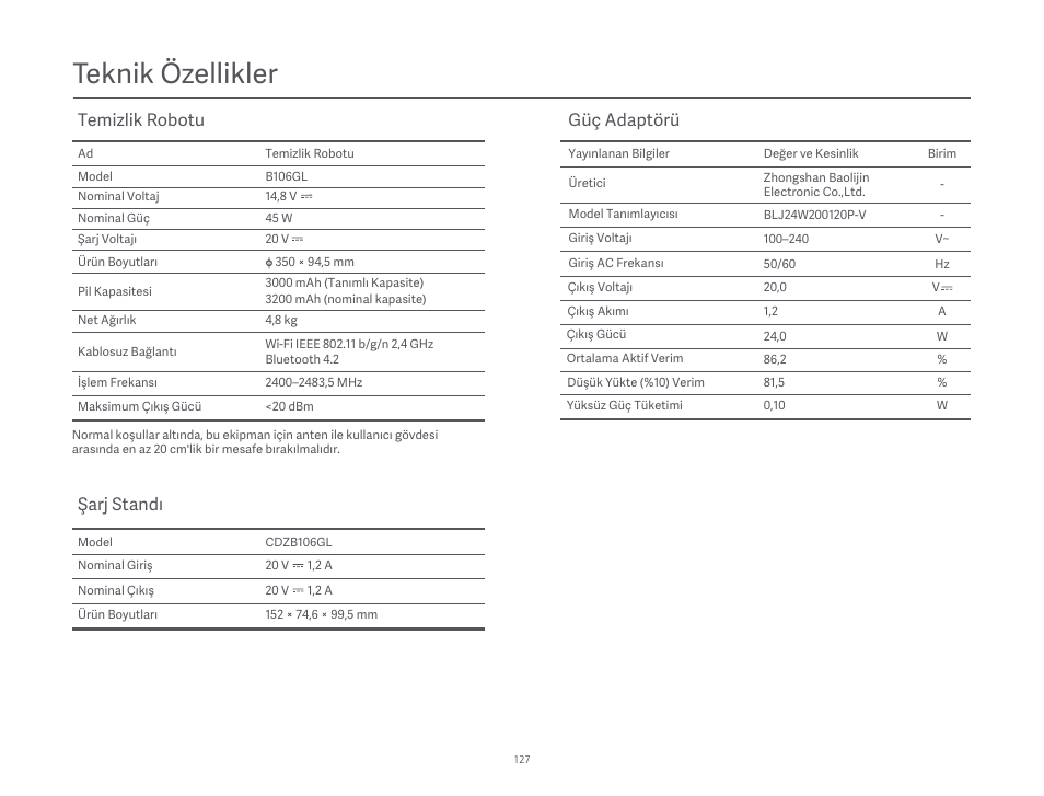 Teknik özellikler, Temizlik robotu güç adaptörü, Şarj standı | Xiaomi Robot Vacuum S10 User Manual | Page 128 / 444