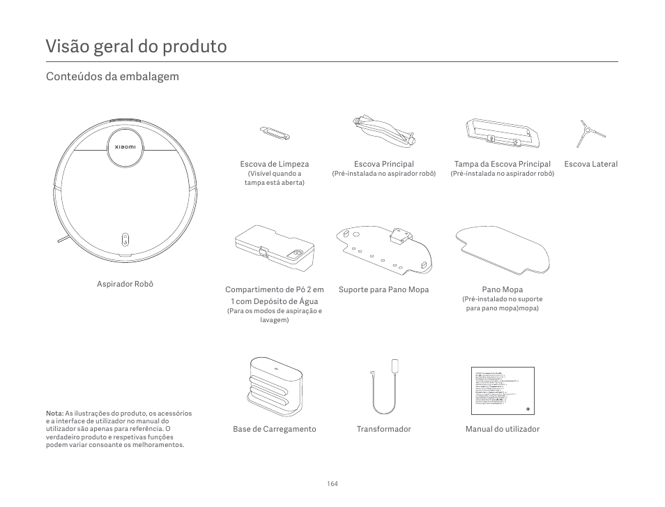 Visão geral do produto, Conteúdos da embalagem | Xiaomi Robot Vacuum S10 User Manual | Page 165 / 444