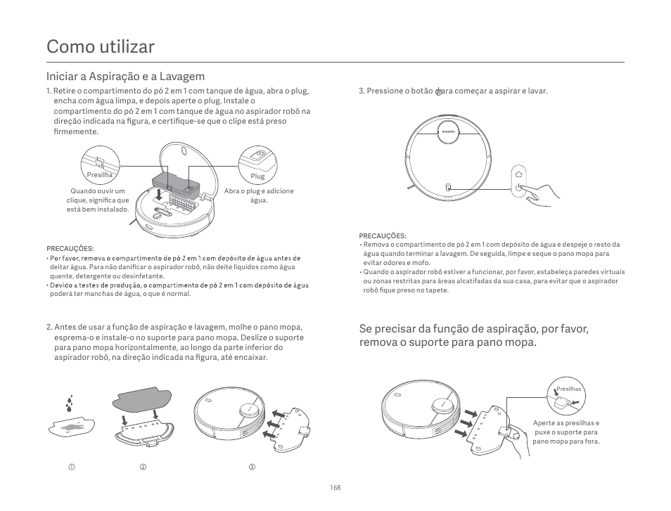 Como utilizar, Iniciar a aspiração e a lavagem | Xiaomi Robot Vacuum S10 User Manual | Page 169 / 444