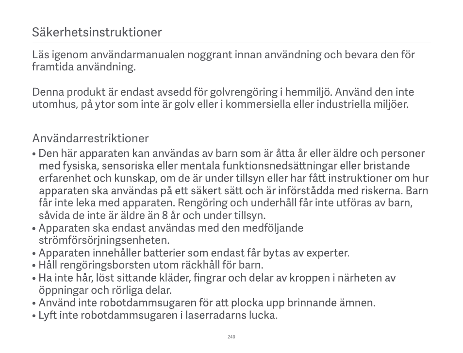 Säkerhetsinstruktioner | Xiaomi Robot Vacuum S10 User Manual | Page 241 / 444