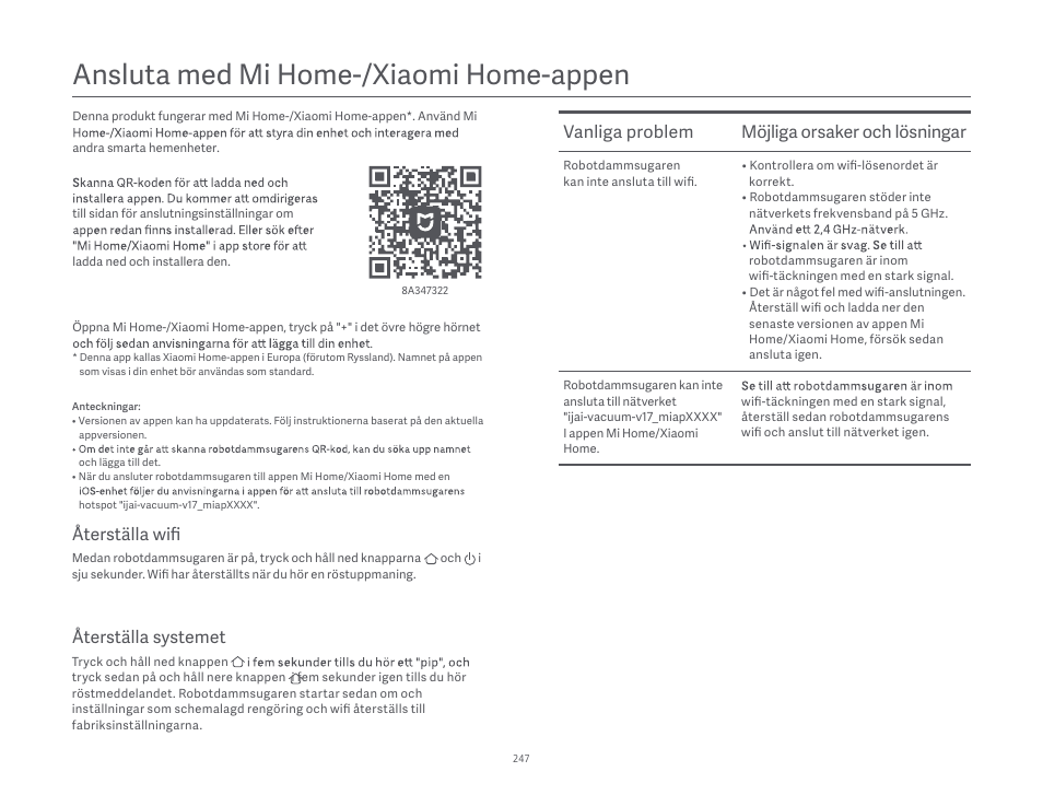 Ansluta med mi home-/xiaomi home-appen, Vanliga problem möjliga orsaker och lösningar, Återställa systemet | Återställa wifi | Xiaomi Robot Vacuum S10 User Manual | Page 248 / 444