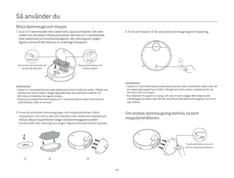 Så använder du, Börja dammsuga och moppa | Xiaomi Robot Vacuum S10 User Manual | Page 249 / 444