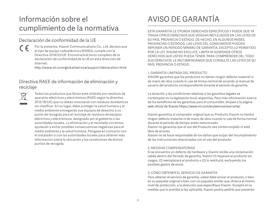 Aviso de garantía, Información sobre el cumplimiento de la normativa, Declaración de conformidad de la ue | Xiaomi Robot Vacuum S10 User Manual | Page 32 / 444