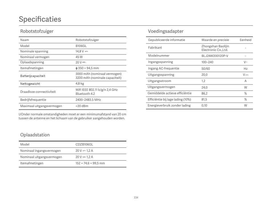 Specificaties, Robotstofzuiger, Oplaadstation | Voedingsadapter | Xiaomi Robot Vacuum S10 User Manual | Page 335 / 444