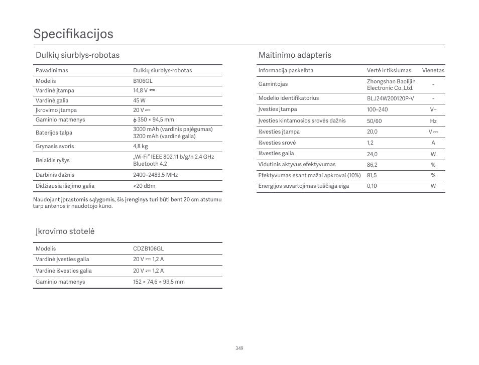 Specifikacĳos, Dulkių siurblys-robotas, Įkrovimo stotelė | Maitinimo adapteris | Xiaomi Robot Vacuum S10 User Manual | Page 350 / 444