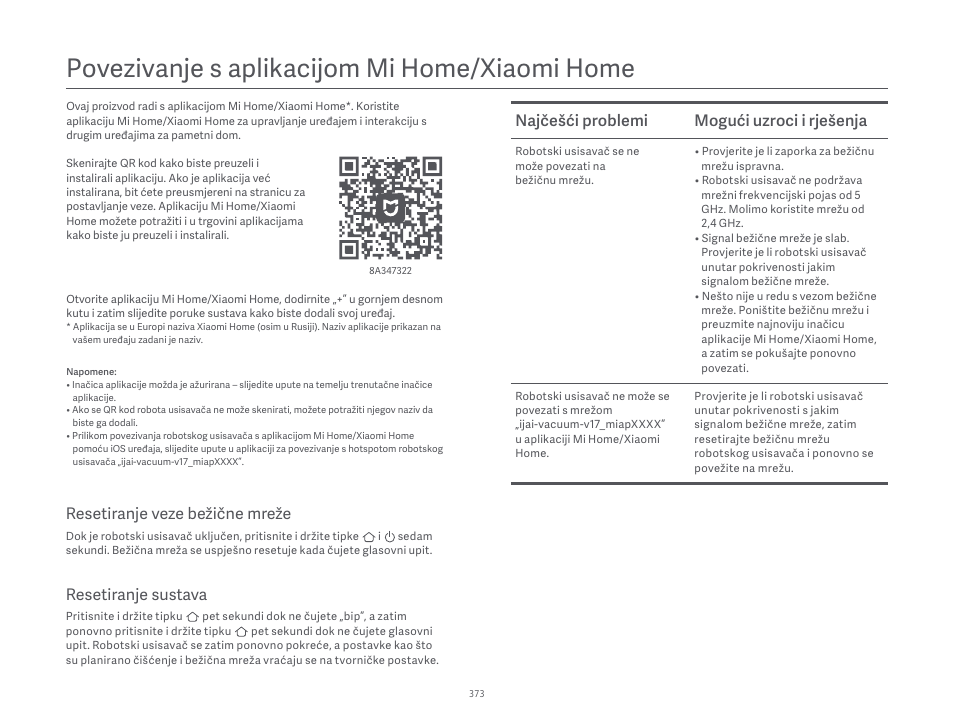 Povezivanje s aplikacĳom mi home/xiaomi home, Najčešći problemi mogući uzroci i rješenja, Resetiranje sustava | Resetiranje veze bežične mreže | Xiaomi Robot Vacuum S10 User Manual | Page 374 / 444