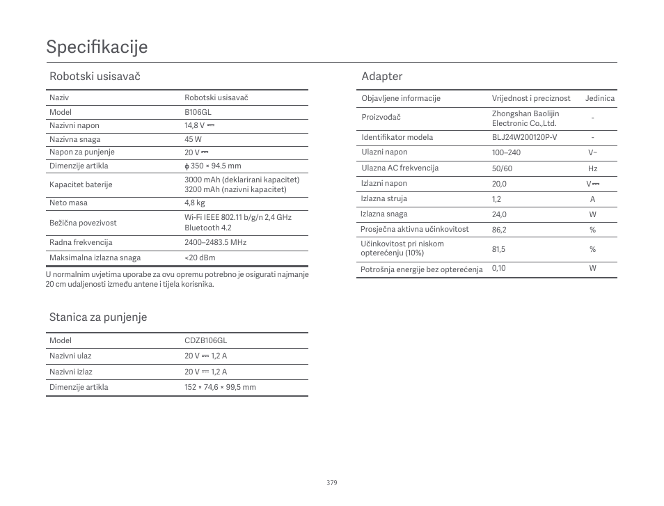 Specifikacĳe, Robotski usisavač, Stanica za punjenje | Adapter | Xiaomi Robot Vacuum S10 User Manual | Page 380 / 444