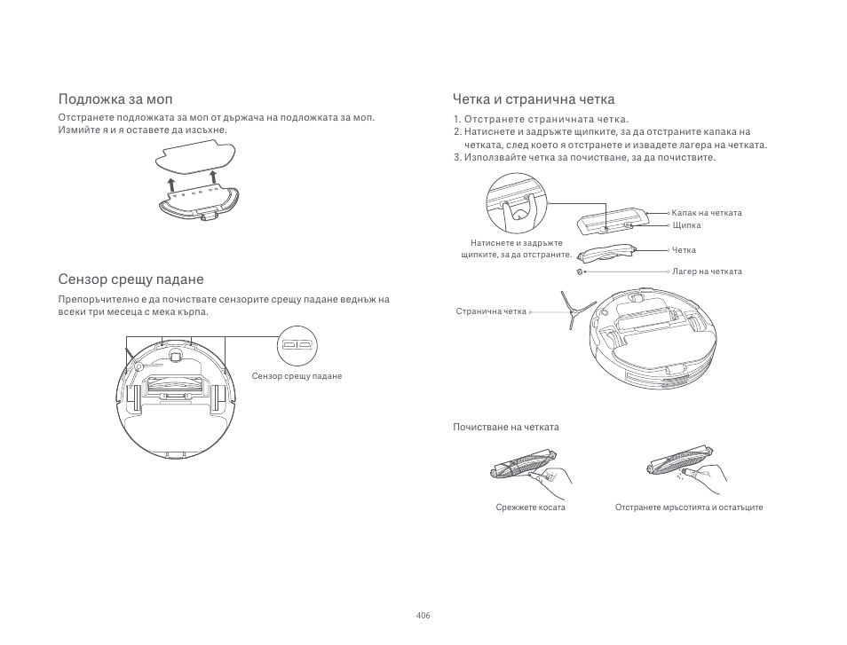 Сензор срещу падане, Подложка за моп, Четка и странична четка | Xiaomi Robot Vacuum S10 User Manual | Page 407 / 444