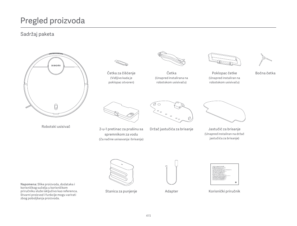 Pregled proizvoda, Sadržaj paketa | Xiaomi Robot Vacuum S10 User Manual | Page 416 / 444