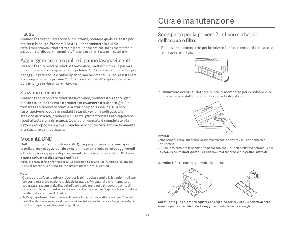 Cura e manutenzione, Pausa, Aggiungere acqua o pulire il panno lavapavimenti | Stazione e ricarica, Modalità dnd | Xiaomi Robot Vacuum S10 User Manual | Page 59 / 444