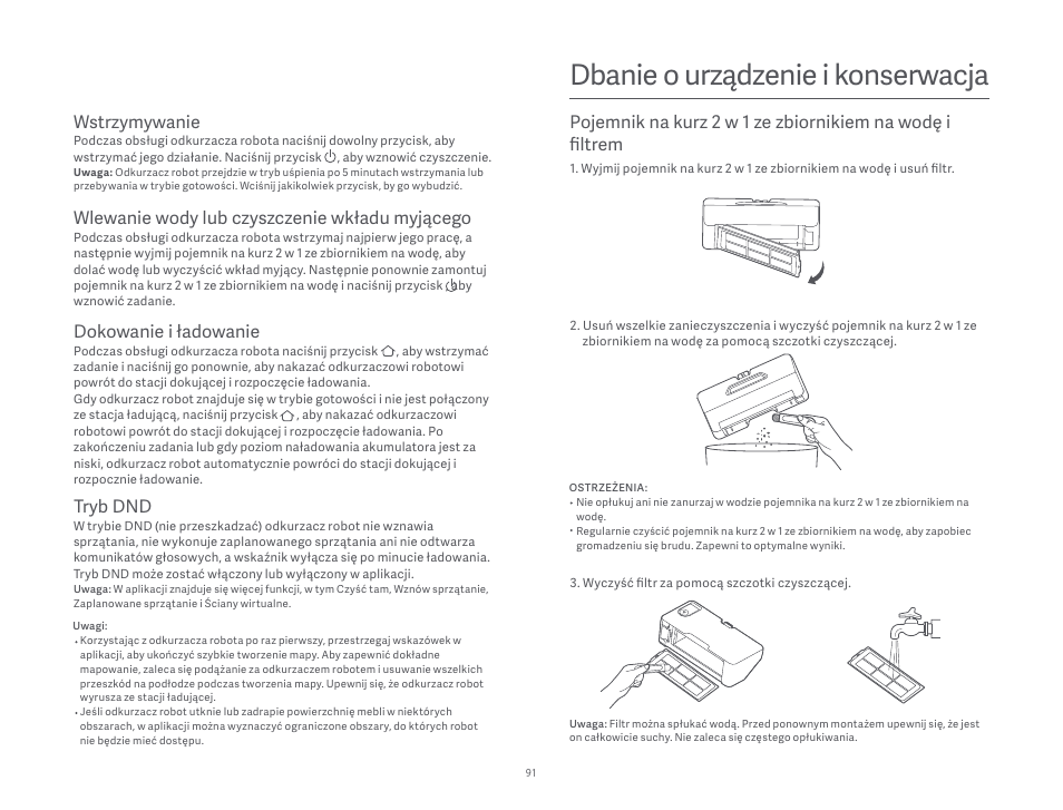 Dbanie o urządzenie i konserwacja, Dokowanie i ładowanie, Tryb dnd | Wstrzymywanie, Wlewanie wody lub czyszczenie wkładu myjącego | Xiaomi Robot Vacuum S10 User Manual | Page 92 / 444