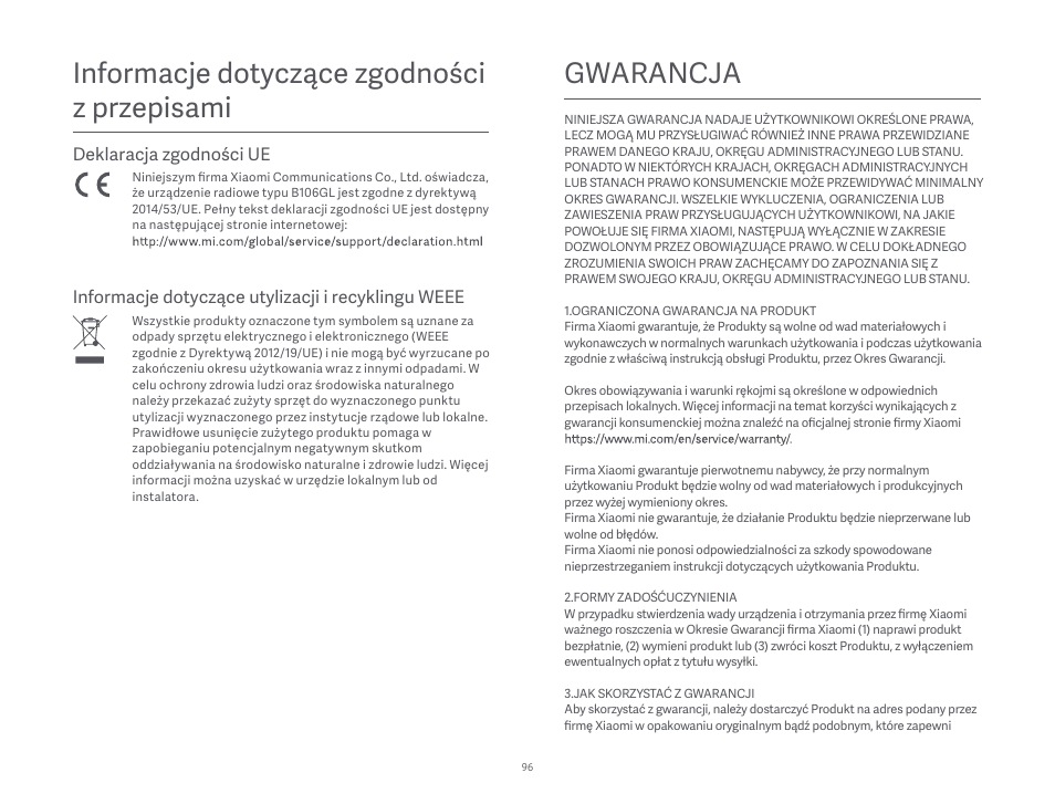 Gwarancja, Informacje dotyczące zgodności z przepisami | Xiaomi Robot Vacuum S10 User Manual | Page 97 / 444