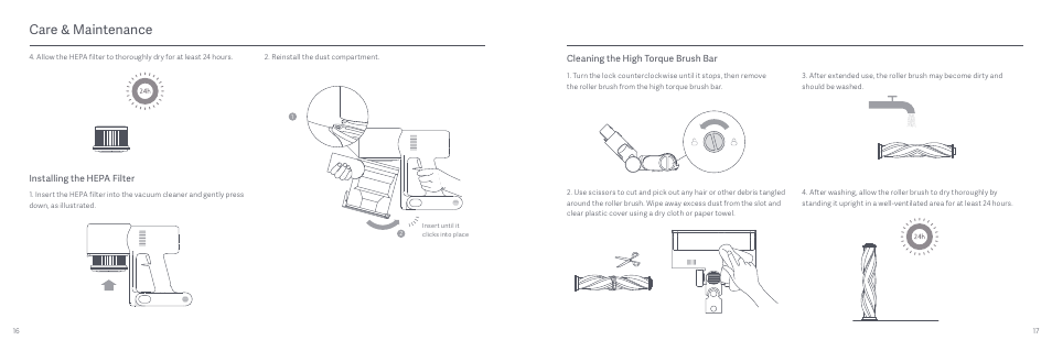 Care & maintenance, Installing the hepa filter, Cleaning the high torque brush bar | Xiaomi Mi Vacuum Cleaner G9 User Manual | Page 10 / 98