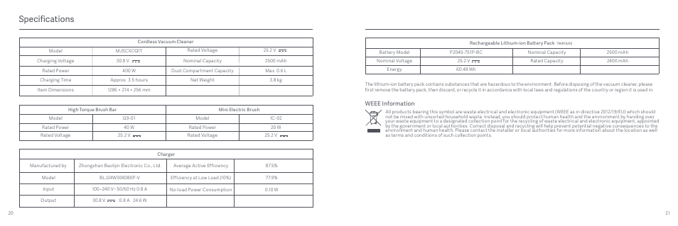 Specifications, Weee information | Xiaomi Mi Vacuum Cleaner G9 User Manual | Page 12 / 98