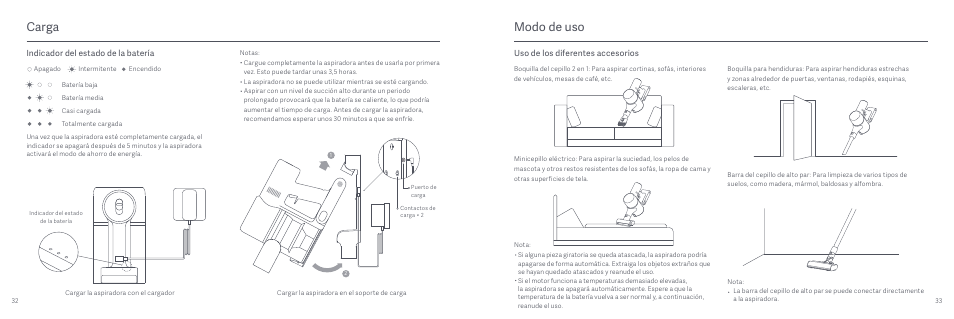 Carga, Modo de uso, Indicador del estado de la batería | Uso de los diferentes accesorios | Xiaomi Mi Vacuum Cleaner G9 User Manual | Page 18 / 98