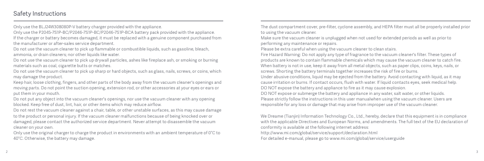 Safety instructions | Xiaomi Mi Vacuum Cleaner G9 User Manual | Page 3 / 98