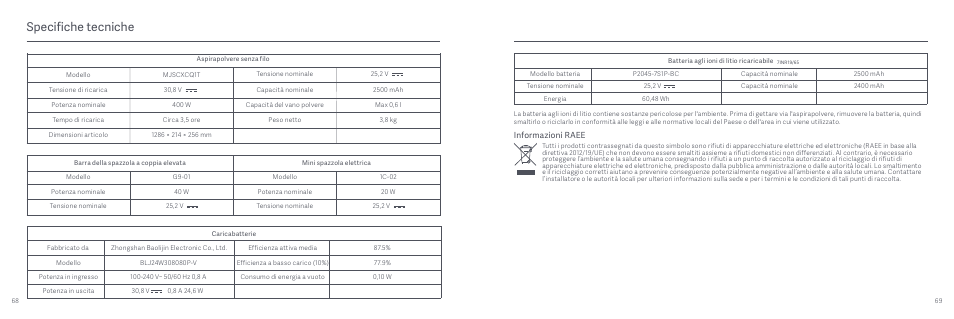 Specifiche tecniche, Informazioni raee | Xiaomi Mi Vacuum Cleaner G9 User Manual | Page 36 / 98