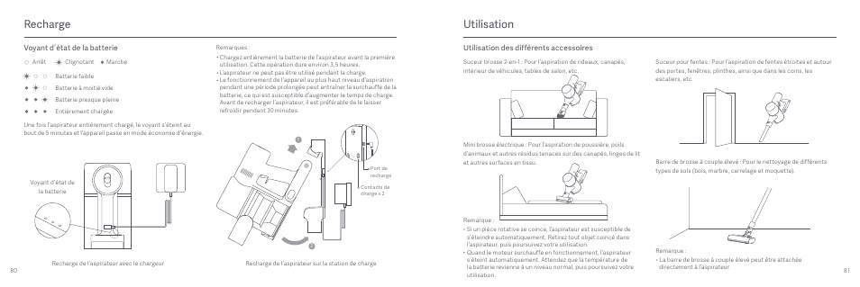 Utilisation, Recharge, Utilisation des différents accessoires | Voyant d’état de la batterie | Xiaomi Mi Vacuum Cleaner G9 User Manual | Page 42 / 98