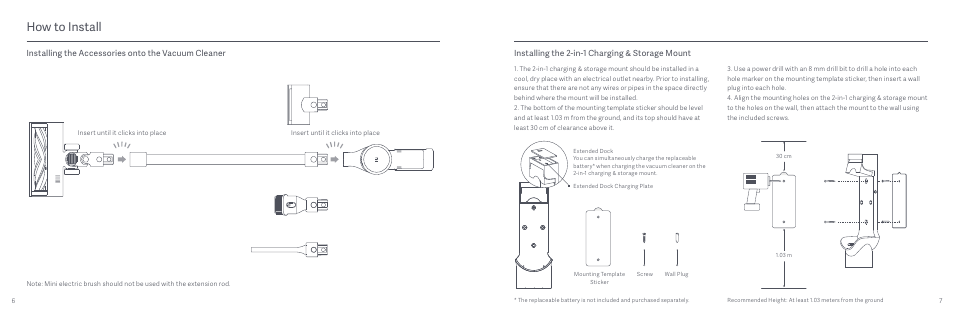 How to install, Installing the accessories onto the vacuum cleaner, Installing the 2-in-1 charging & storage mount | Xiaomi Mi Vacuum Cleaner G9 User Manual | Page 5 / 98