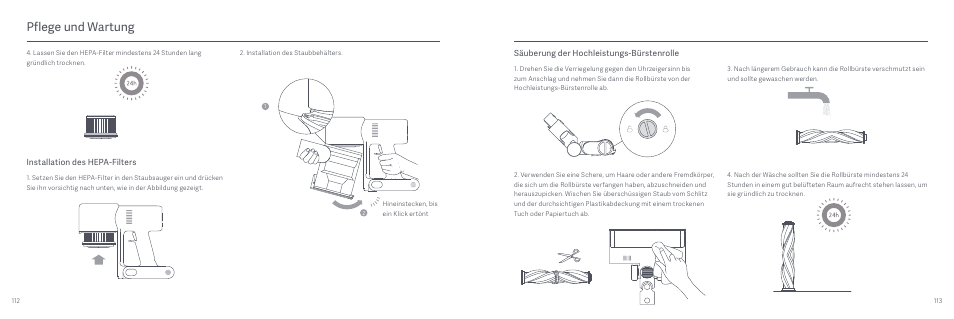 Pflege und wartung, Säuberung der hochleistungs-bürstenrolle, Installation des hepa-filters | Xiaomi Mi Vacuum Cleaner G9 User Manual | Page 58 / 98