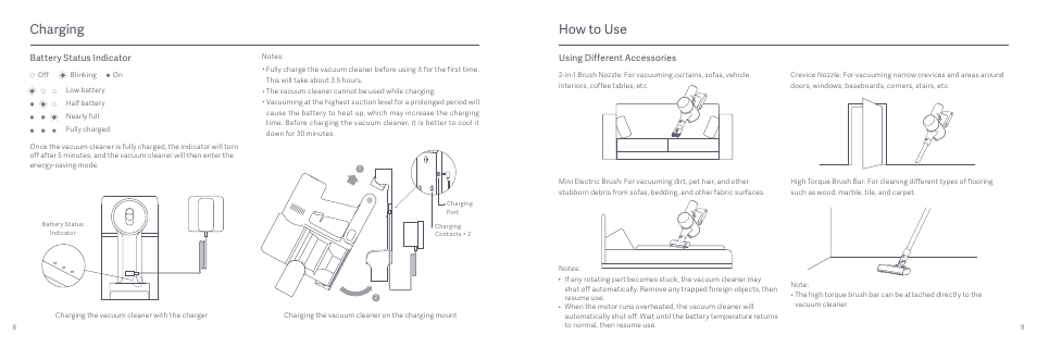 Charging, How to use, Battery status indicator | Using different accessories | Xiaomi Mi Vacuum Cleaner G9 User Manual | Page 6 / 98