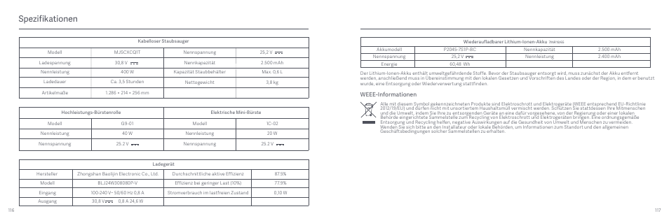 Spezifikationen, Weee-informationen | Xiaomi Mi Vacuum Cleaner G9 User Manual | Page 60 / 98