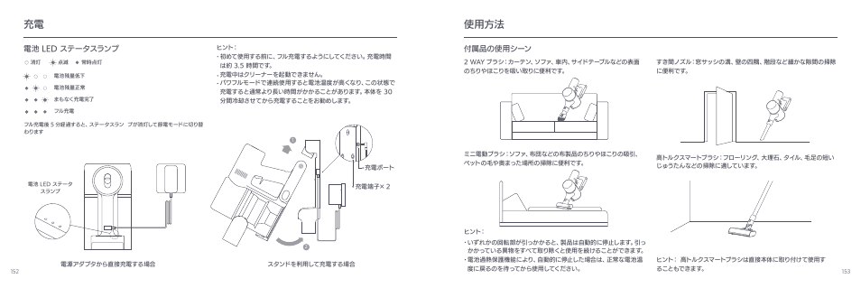 使用方法, 電池 led ステータスランプ, 付属品の使用シーン | Xiaomi Mi Vacuum Cleaner G9 User Manual | Page 78 / 98