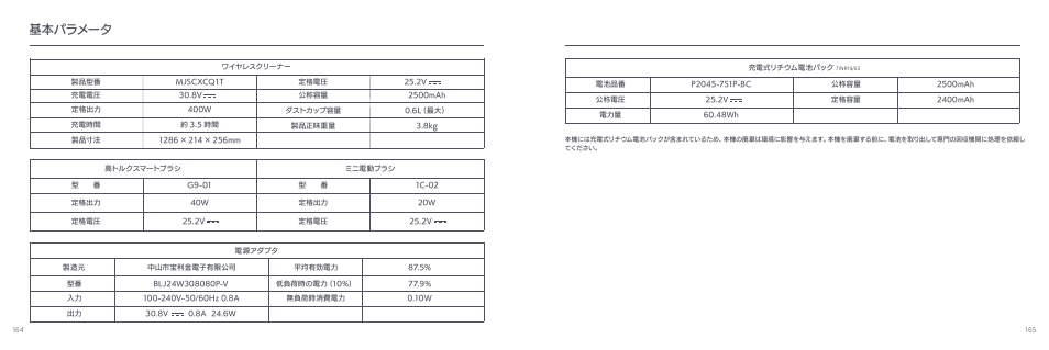 基本パラメータ | Xiaomi Mi Vacuum Cleaner G9 User Manual | Page 84 / 98