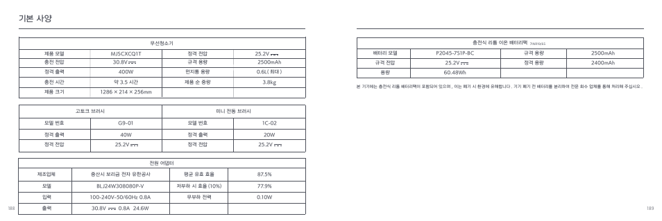 기본 사양 | Xiaomi Mi Vacuum Cleaner G9 User Manual | Page 96 / 98