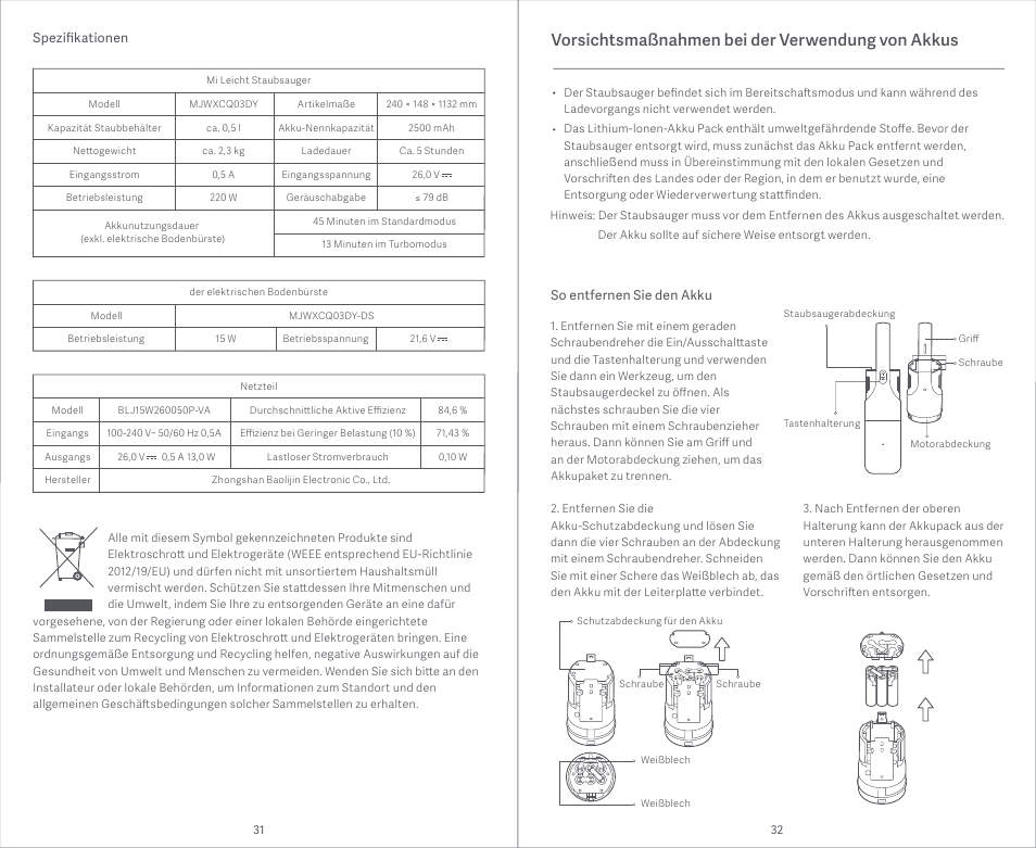 Vorsichtsmaßnahmen bei der verwendung von akkus | Xiaomi Mi Vacuum Cleaner Light User Manual | Page 17 / 74