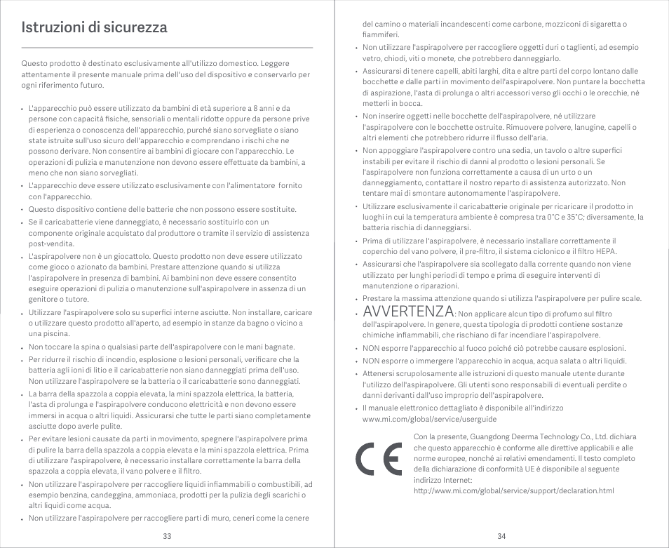 Istruzioni di sicurezza, Avvertenza | Xiaomi Mi Vacuum Cleaner Light User Manual | Page 18 / 74