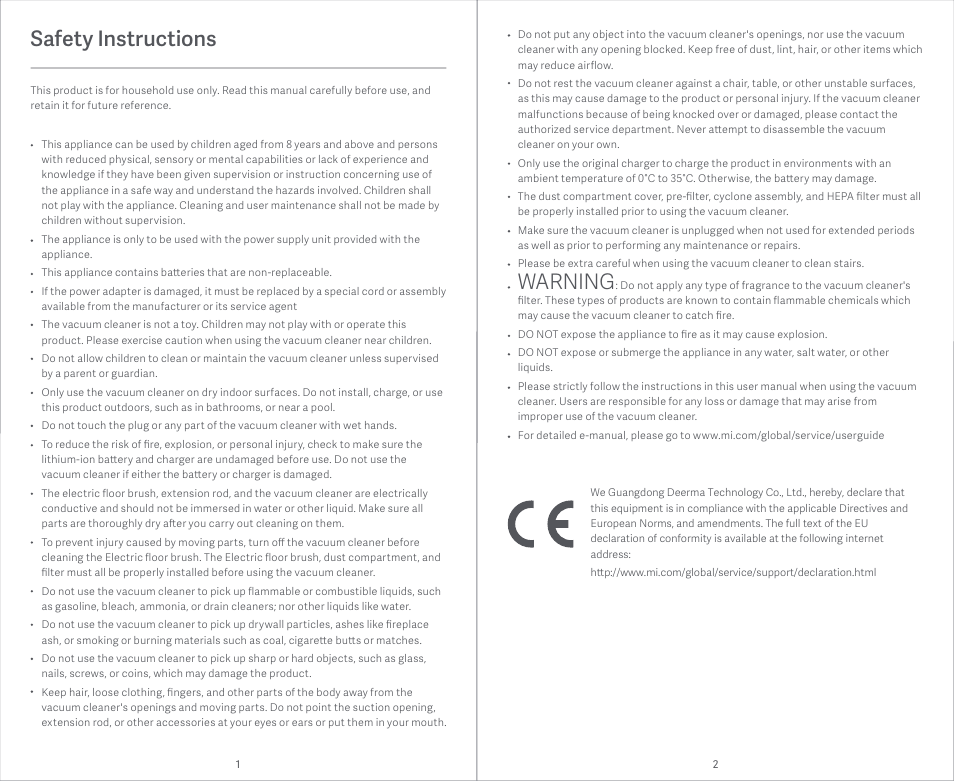 Safety instructions, Warning | Xiaomi Mi Vacuum Cleaner Light User Manual | Page 2 / 74