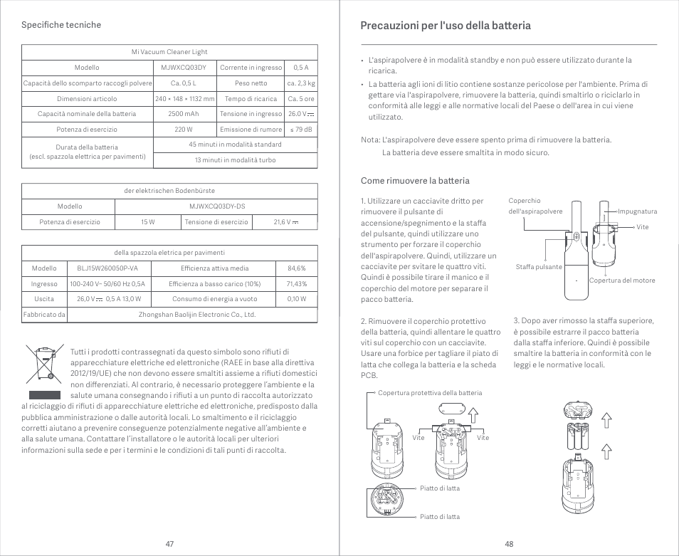 Precauzioni per l'uso della batteria | Xiaomi Mi Vacuum Cleaner Light User Manual | Page 25 / 74