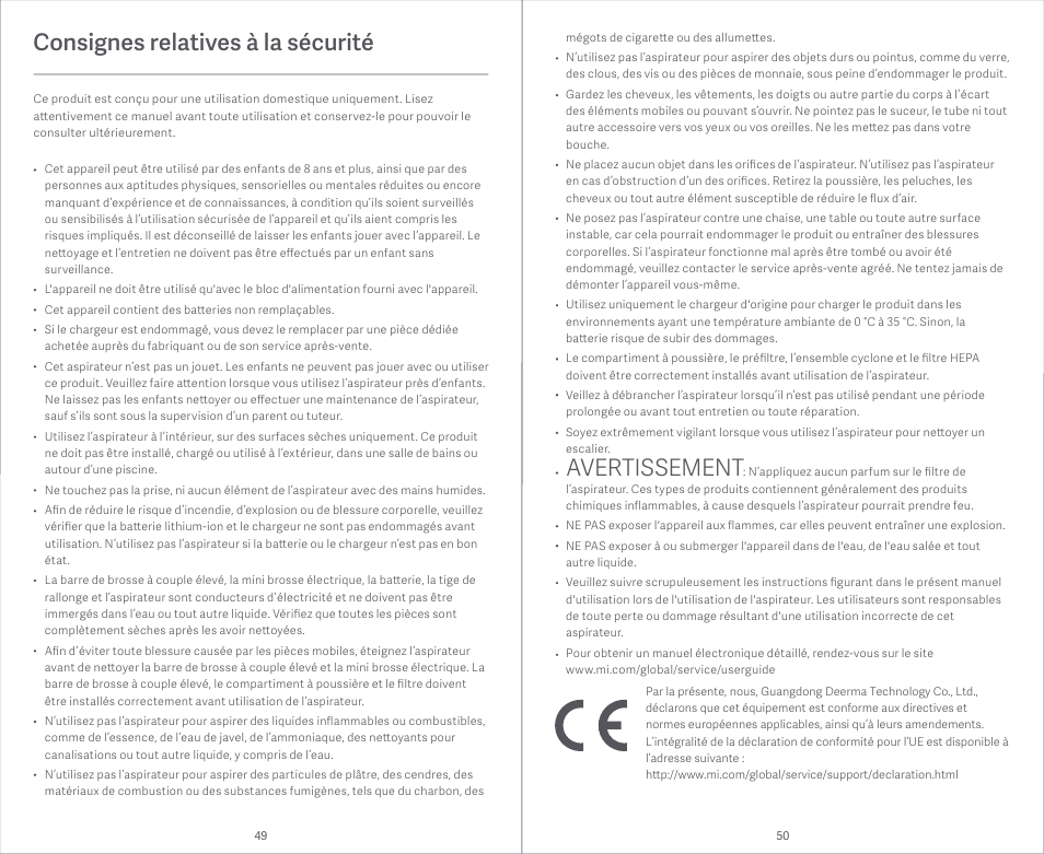 Consignes relatives à la sécurité, Avertissement | Xiaomi Mi Vacuum Cleaner Light User Manual | Page 26 / 74