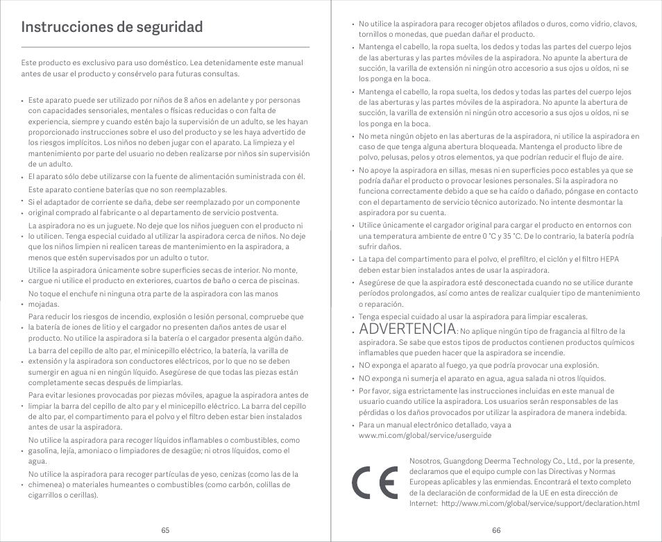 Instrucciones de seguridad, Advertencia | Xiaomi Mi Vacuum Cleaner Light User Manual | Page 34 / 74